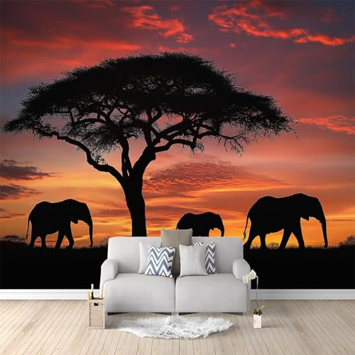 Africa Elefante Tramonto Carta da Parati Rosso Carta da Parati TNT Fotomurali Moderna Carta Parati Fotomurale 3D Effetto per Soggiorno, Camera Letto, Sala Pranzo, TV Sfondo 250x175 cm