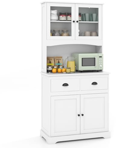 COSTWAY Küchenschrank hoch, Hochschrank mit 4 Türen & 2 Schubladen & Arbeitsplatte & 2 Schränken, Buffetschrank mit Verstellbaren Ablagen, für Küche Esszimmer, Kippschutz, 80x40x170cm, Weiß