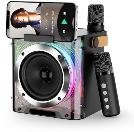 PKBD Karaoke Machine 2 Microphones for Adults Kids, Portable Bluetooth Speaker with 4 Voice Changing Effects and 5 Light Effects, Karaoke Speaker for Gift Home Party - Support TF Card, AUX (Black)