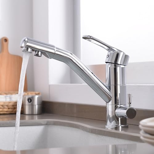 3 Way Kitchen Mixer Tap with Drinking Filtered Water Single Hole 360° Rotation Sink Tap for Kitchen,Chrome Plated