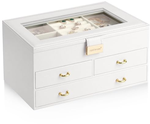Tiklife Schmuckkasten für Damen Schmuckbox Schmuckaufbewahrung mit Spiegel 3 Ebenen Schubladen PU-Leder zur Aufbewahrung von Ringen, Ohrringen, Ketten, Uhren, Armbändern, Perlen Weiß