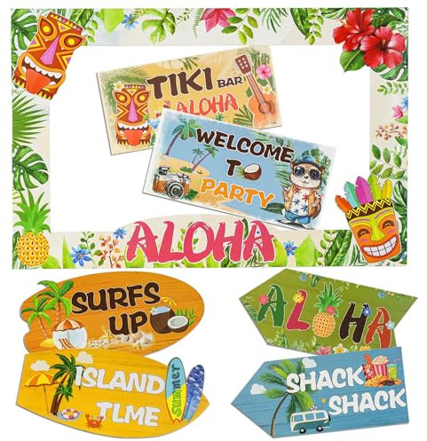 Syoulin Decorazioni per feste hawaiane: cornice per foto Aloha, cartello di benvenuto, accessori per beach party, e decorazioni per bar Tiki, giardino e outdoor