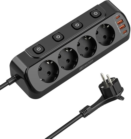 Tischsteckdose mit USB C (PD 20W), 4 Fach Ecksteckdose Flachstecker, 8 in 1 Steckdosenleiste mit 4 USB Mehrfachstecker, 4-Fach Schaltbar, Steckdosenleiste, Weiß, 2m Kabel, Schwarz
