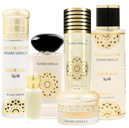 Gulf Orchid Tahara Vanilla Musk Collection 6-Piece Gift Set– EDP Perfume Body Mist Body Spray Lotion Perfume Oil & Mukhammaria Balm – Long Lasting Clean Vanilla Musk Scent for Women & Men