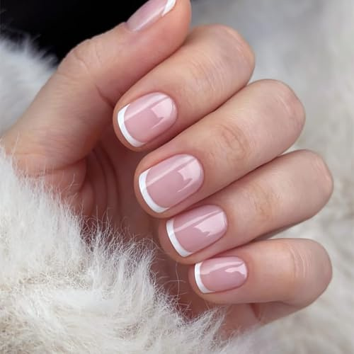 24PCS Press on Nails French Tip - Square False Nails Short - Fake nails with Glue - Light Pink Stick on Nails - Round Square Nail Tips Glossy Elegant for Women Girls DIY French Manicure