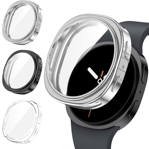 Kamita 3-pack kompatibla med Samsung Galaxy Watch 8, 44 mm, stötsäkert mjukt TPU-skal med skärmskyddsfilm, fullt stötsäkert fodral (transparent + svart + silver)