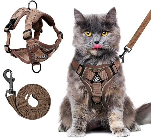 lomdung Pettorina Gatto Antifuga con Guinzaglio, Guinzaglio per Gatti Regolabile, Morbido Pettorina per Gatti con Strisce Riflettenti, per Gattino Cuccioli e Piccoli Animali Domestici(Caffè,S)