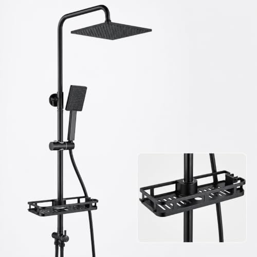 Auralum Adjustable Shower Riser Rail Kit with No Drill Shelf,10 Large Rainfall Shower Head,Square Handheld Shower with Rotating Bracket, Black Shower Set Easy DIY Install Fits UK Bathrooms
