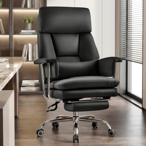 Ckaff Bürostuhl Ergonomischer mit Fußstütze und Lendenwirbelstütze, PU Leder Chefsessel 200KG XXL, Schreibtischstuhl Drehstuhl mit Armlehnen und Kopfstütze Höhenverstellbarer, Schwarz