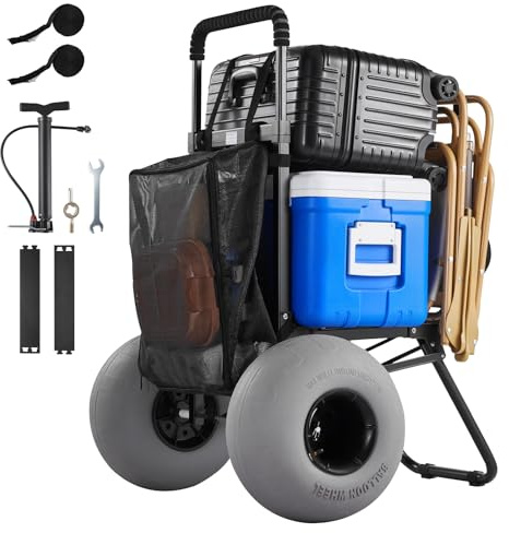 VEVOR Carro de Playa con Ruedas de Globo, Carrito Plegable Capacidad de Carga de 75 kg, Altura Ajustable de 85,5 a 115 cm, con Estructura de Acero, para Camping, Pesca, Eventos Deportivos, Picnics