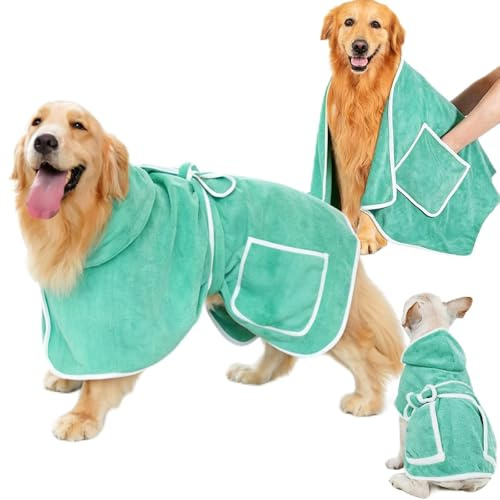 PurixDelyt Hundebademantel Set mit Extra Großes Hundehandtuch und Aufbewahrungsbeutel, Stark Saugender Hundebademantel mit Verstellbarer Gürtel für Kleine, Mittlere und Große Hunde