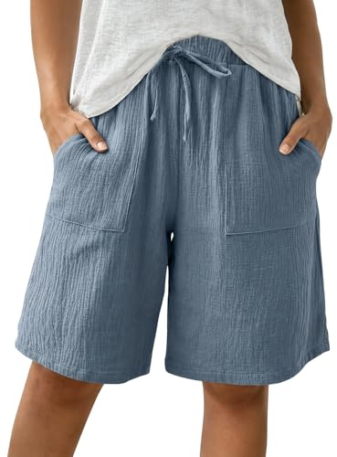 DVDVBOOM Linen Shorts for Women UK, High Waisted Knee Length Baggy Wide Leg Ladies Short, Drawstring Cotton Summer Shorts with Pocket