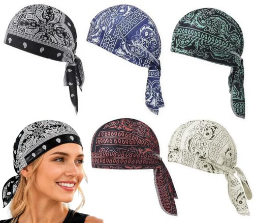 Esshogo 5 Stück Kühlendes Kopftuch mit Paisley-Muster, Atmungsaktives Piraten-Stirnband, Elastische Radfahr-Sportmützen, Vielseitiger Kopfwickel für Sommer, Elastische Passform 55-60cm