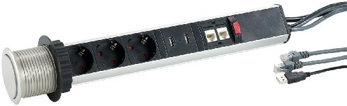 revolt Tischsteckdosenleiste: Versenkbare 3-Fach Tisch-Steckdosenleiste, je 2X USB & RJ45, Ø 60 mm (Versenkbare Steckdose mit USB, Tischsteckdose versenkbar, Deckel)