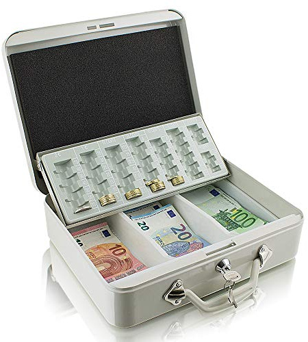 Stahl Geldkassette 30 cm groß, Geldkoffer, flach abschließbar Transportkassette Lichtgrau 300mm x 240mm x 90mm (B/T/H)