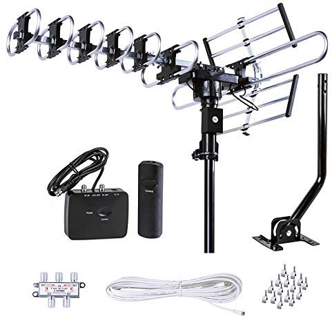 Five Star Outdoor HD TV Antenna Strongest Up to 200 Miles Long Range with Motorized 360 Degree Rotation, UHF/VHF/FM Radio Infrared Remote Control with Installation Kit and Jpole