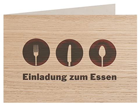 Holzgrußkarte - Einladung zum Essen - 100% handmade in Österreich - Postkarte, Geschenkkarte, Grußkarte, Klappkarte, Karte, Glückwunschkarte (Eiche)