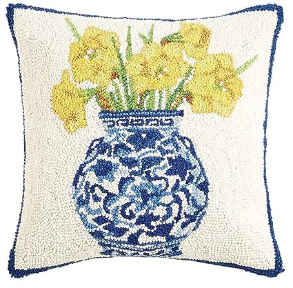Peking Handicraft Daffodils in Chinoiserie Vase 16 Square Hooked Wool Throw Pillow, Artwork by Sally Eckman Roberts