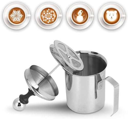 Milk Frother, 400ml/14oz Stainless Steel Pitcher Jug Manual Creamer Frother Cup Hand Pump Milk Foam Maker With Double Mesh Lid for Latte Cappuccino Coffee Cream Frothing