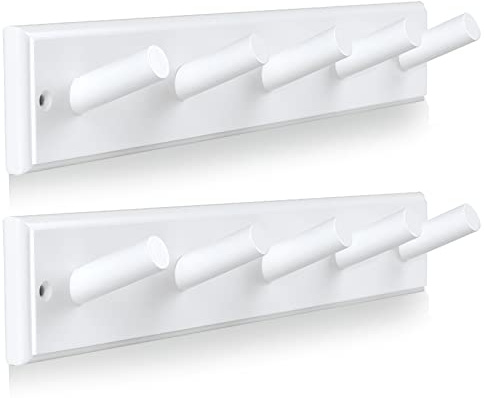 horkmous Wooden Coat Rack 2Pcs, 16'' Hole to Hole Wooden Wall-Mounted Coat Hooks, 5 Pegs Bamboo Wall Hooks for Hanging Towels, Hats, Robes, Clothes, Keys, White