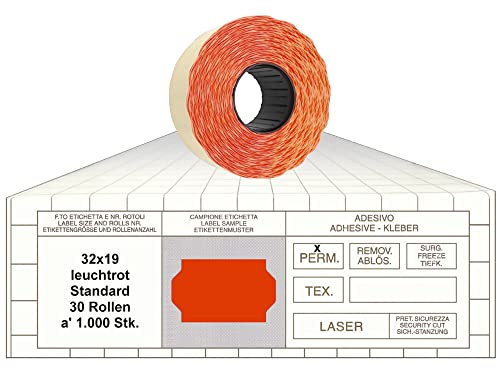 Preisauszeichner Etiketten 32x19 Standard leuchtrot 30 Rollen permanent Preisetiketten für Print Tovel Printex Contact Meto Blitz