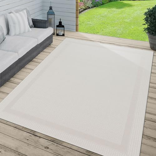 TT Home Tapis Jardin Tapis Exterieur Terrasse Cuisine Unis Bordure Modern, Couleur: Blanc Crème, Dimension:120x160 cm