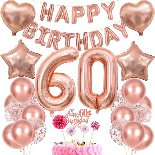 Decoración 60 Cumpleaños Mujer - Regalo y Torta Oro Rosa - Globos para 60 Años