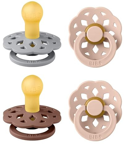 BIBS Boheme Schnuller, 0-6 Monate, 4er-Pack, Runder Sauger, Woodchuck Mix | Naturkautschuklatex | Größe 1 | BPA-frei | Hergestellt in Dänemark | Hohe Akzeptanz | Luftlöcher | Komfortschild