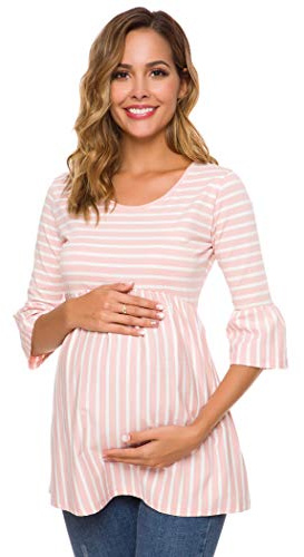 Love2Mi Blusa de maternidad para mujer, línea A, camisa de embarazo 3/4, manga acampanada, ropa de maternidad a rayas, Raya Rosada, S