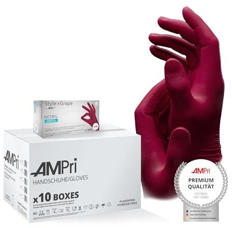 AMPri Guanti in nitrile, bordeaux, rosso, 10 scatole da 100 pezzi, taglia XS, senza polvere, Style Grape by Med-CComfort: guanti monouso in nitrile nelle taglie XS, S, M, L, XL
