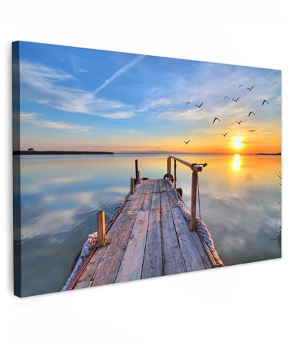 MuchoWow© Cuadros Decoracion Salon Modernos Lienzos de Fotos Pared Wall Art | 90x60 cm - Lienzo Decoração Cuadro salones Agua - Muelle - Pájaros - Atardecer - Horizonte - Campo