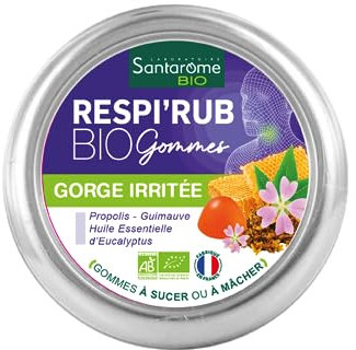 Santarome - Respi'Rub Gommes Bio - Complément alimentaire Gorges irritées - Propolis, Guimauve, Camomille matricaire - 45 gommes à mâcher - France