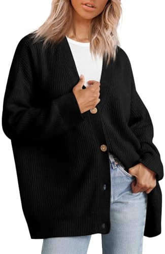 MorFansi Femme Cardigan Tricoté Vêtement D'extérieur Col en V Ouvert sur Le Devant Pull Ample avec Boutons (Noir,XL)