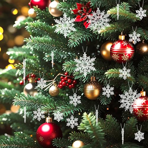 Weihnachtsbaum-Dekoration, glitzernde Schneeflocke und Eiszapfen, transparent, hängende Schneeflocken-Dekorationen mit Schnur, Weihnachtsbaumschmuck für den Winterurlaub, Weihnachtsdekoration für den