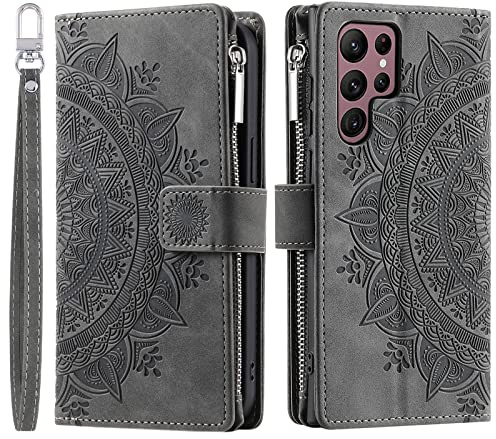 VEEMOS Handyhülle für Samsung Galaxy S23 Ultra hülle Klappbar Blumen Handytasche Schutzhülle Klapphülle mit Kartenfach Handy Tasche Book Cover Flip Case Ständer - Grau