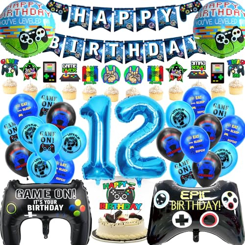 waziwe Gaming Deko 12 geburtstag junge, Blau Party dekorationen für Jungen | Geburtstagsdeko 10 jahre Junge beinhaltet Ballon Girlande, Geburtstagsbanner, Tortendeko, Gamer Deko, Folienballon 12