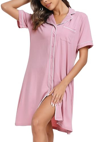 Wikoan Camicie da Notte Donna in Cotone, Camicia da Notte Allattamento Scollo a V Camicie Corta Bottoni Davanti Camicie da Notte Donna,Rosa,L