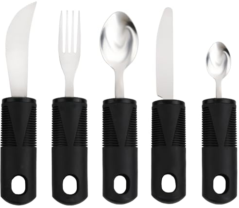 Anseom 5 Teiliges Adaptive Utensilien, Easy Grip Besteck Set Behinderten Esshilfen Besteck Rutschfeste Griffe, Besteck für Behinderte Menschen Parkinson Patienten Ältere Arthritis, Schwarz