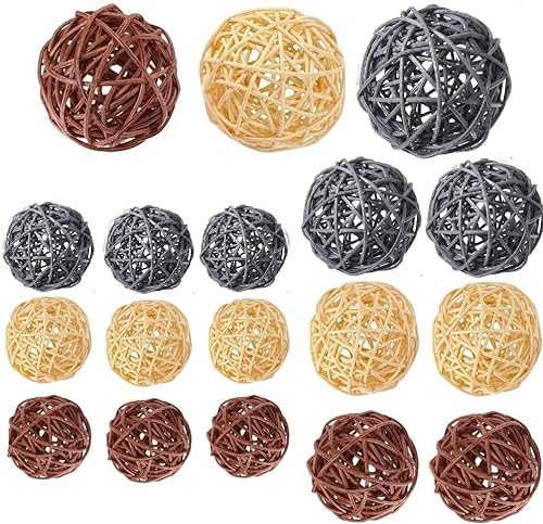 LATRAT Lot de 18 boules décoratives en rotin - Pour mariage, table, fête, aromathérapie - Parfum lapin, oiseau, perroquet, jouet à mâcher, bois, gris clair, curry