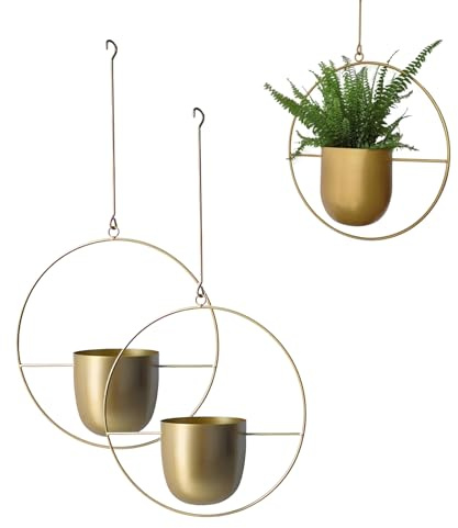 LIKEUDO 2 Stück Gold Metall Decke Hängende Blumentopf Blumenampel für Sukkulenten Pflanzen - Deko Pflanzgefäße Topf Wanddekoration (Runden)