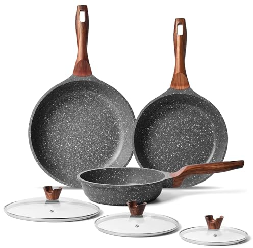 RIOVARM Antiaderente Set di padelle con coperchi Induzione Set di padelle con manico resistente al calore In granito Padella per omelette senza PFOA In marmo Set di pentole 20cm 24cm 28cm