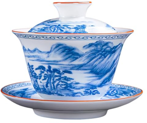 NIUKOMY Gaiwan 200ML, Chinesische Teetasse Traditionelle, Vintage Porzellan Kung Fu Teebecher, China Classic Keramik Teeschale mit Untertasse und Deckel, Blau Landschaftsmalerei