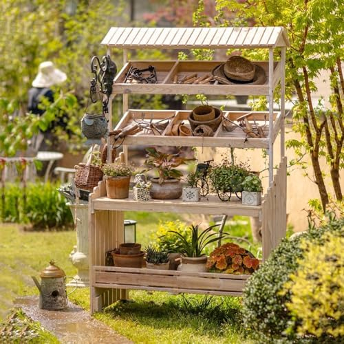 Yclty Garten Pflanztisch mit Rollen, Holz Garten Pflanztisch Arbeitstisch Arbeitsstation mit 2-stufigem Präsentationsregal/Lagerregal