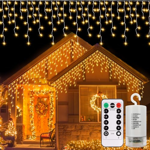 DBFAIRY Eisregen Lichterkette Außen Batterie, 6M 300 LED Lichterkette Weihnachten mit Fernbedienung Timer Wasserdicht 8 Modi für Haus Dekoration-Warmweiß