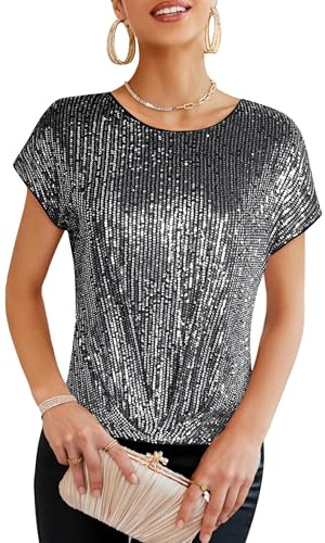 GRACE KARIN Ladies Schmale Passform Blusen Elegant Festliche Oberteile Club Party Pailletten Tops Silber-Schwarz M