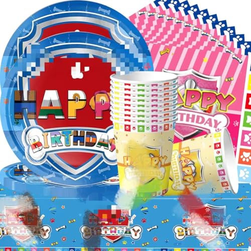 Ensemble Vaisselle De Fête - Kit Décorations d'Anniversaire Pour Filles/Garcons Avec Assiettes, Gobelets, Serviettes, Nappe, Dessin Animé (41 Pièces - 10 Invités)