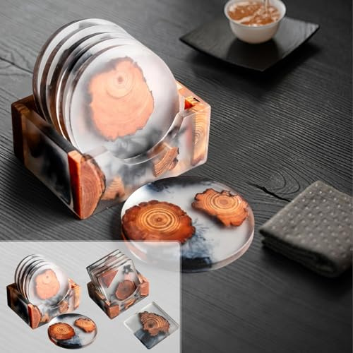 Runde/Platz Untersetzer für Gläser 6er Set inkl, Halter, Design Glasuntersetzer aus Holz/Epoxidharz, Glasuntersetzer, Untersetzer Holz, Edle Tischuntersetzer für Getränke, Tassen, Bar (Rund)