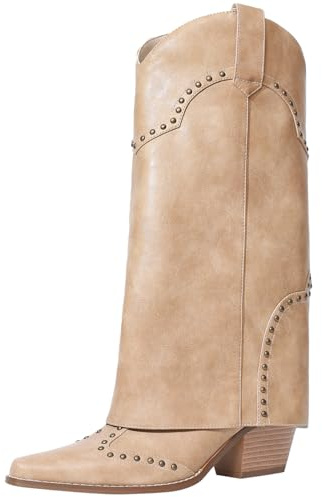 RONILURN Women Shark Boots Knee High Cowboy Cowgirl Fold Over Chunky Heel Snip Toe Pull On Studded Boots for Women
