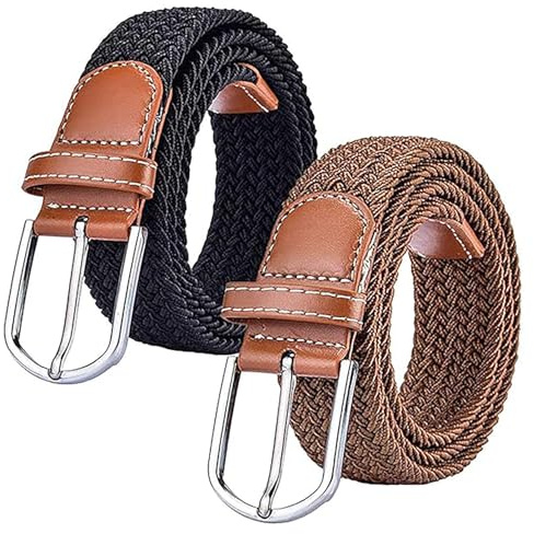 hzbaiyi 2er-Pack geflochtener Stretch-Leinen-Gürtel für Herren und Damen, Gürtel für Jeans, modischer Ledergürtel für Jeans und Freizeitkleidung, Kleider (schwarz + braun), Schwarz , One size