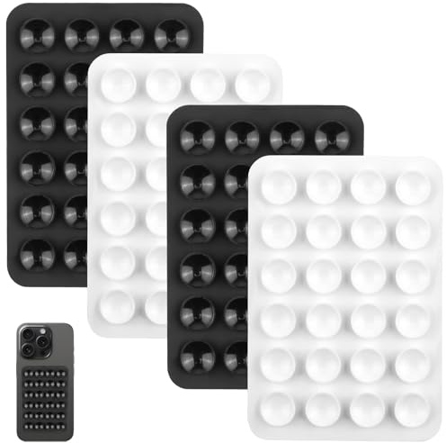 BakeWhiz 4Pcs Silicone Suction Cup Phone Case Mount, Non-Slip Hands-Free Phones Holder, Peel-and-Stick Backing, Compatible with iPhone Android Cases for Selfies, Videos, Mirrors, Windows(Black White)
